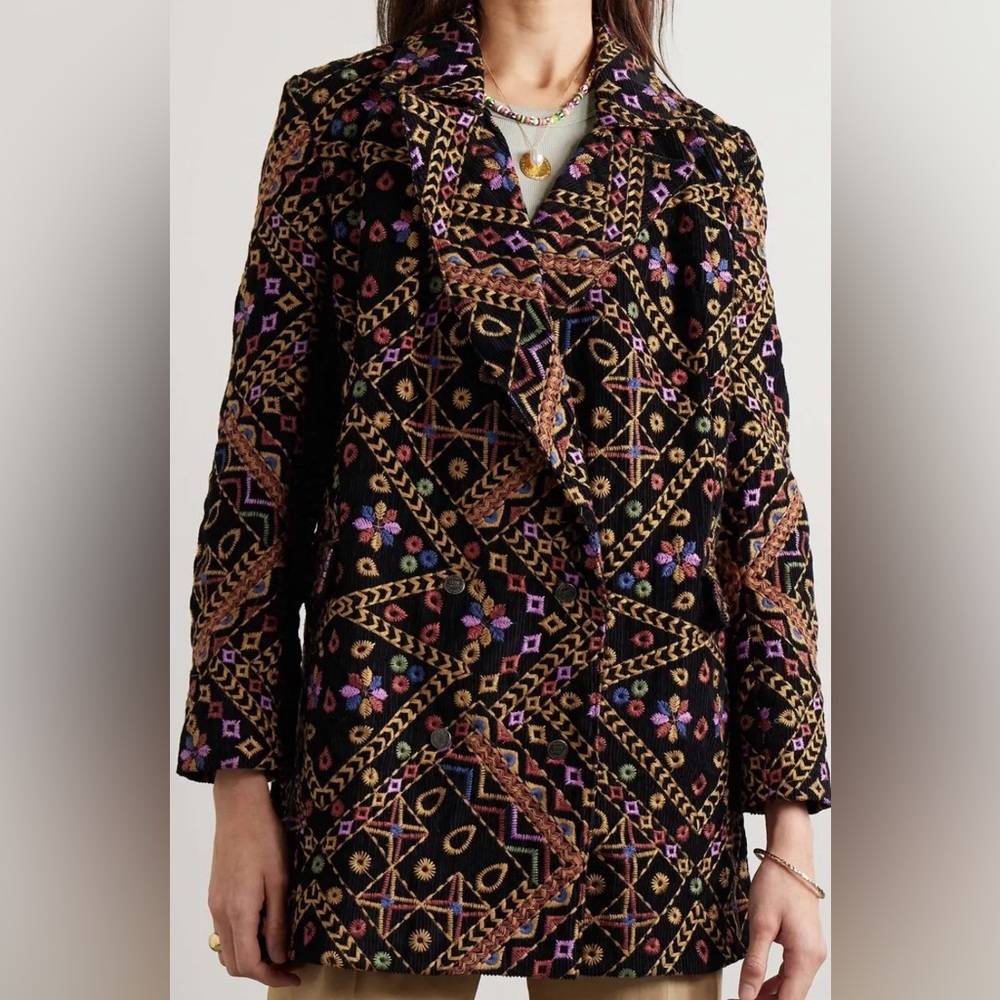 Farm Rio Embroidered Corduroy Blazer double breasted floral unique boho jacket
